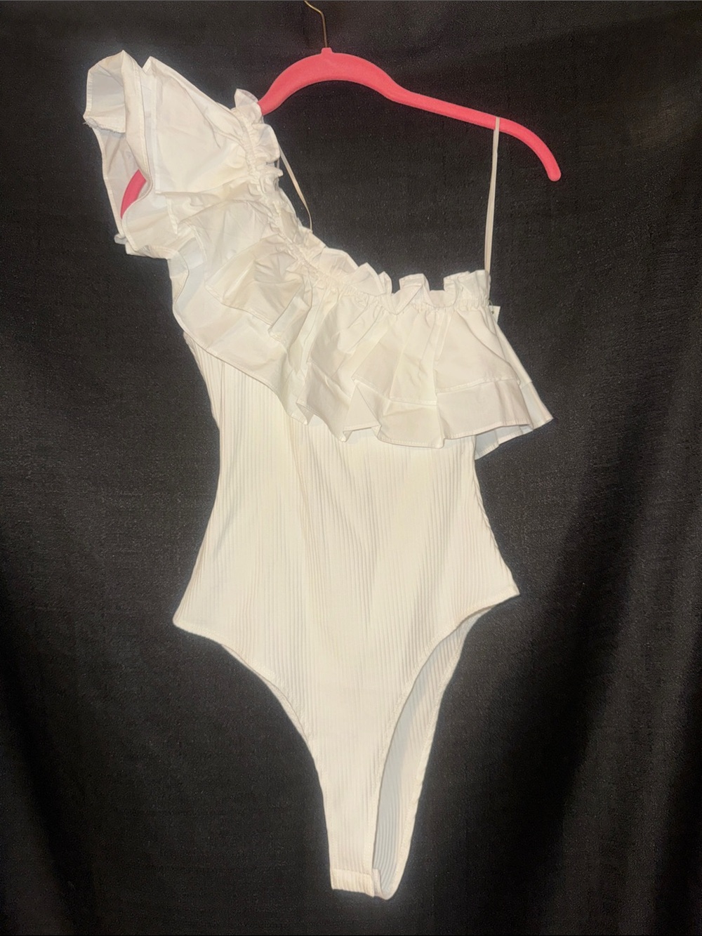 Flying Tomato White One-Shoulder Ruffle Ribbed Bodysuit